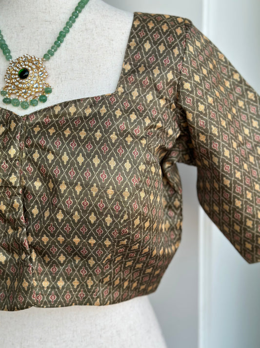 Olive green printed silk blouse | Saree blouses in USA