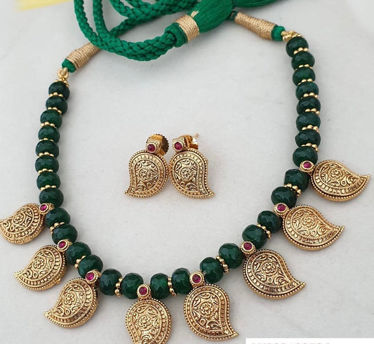Antique Mango Pendants Green Beads Necklace | Beautiful Necklace Set