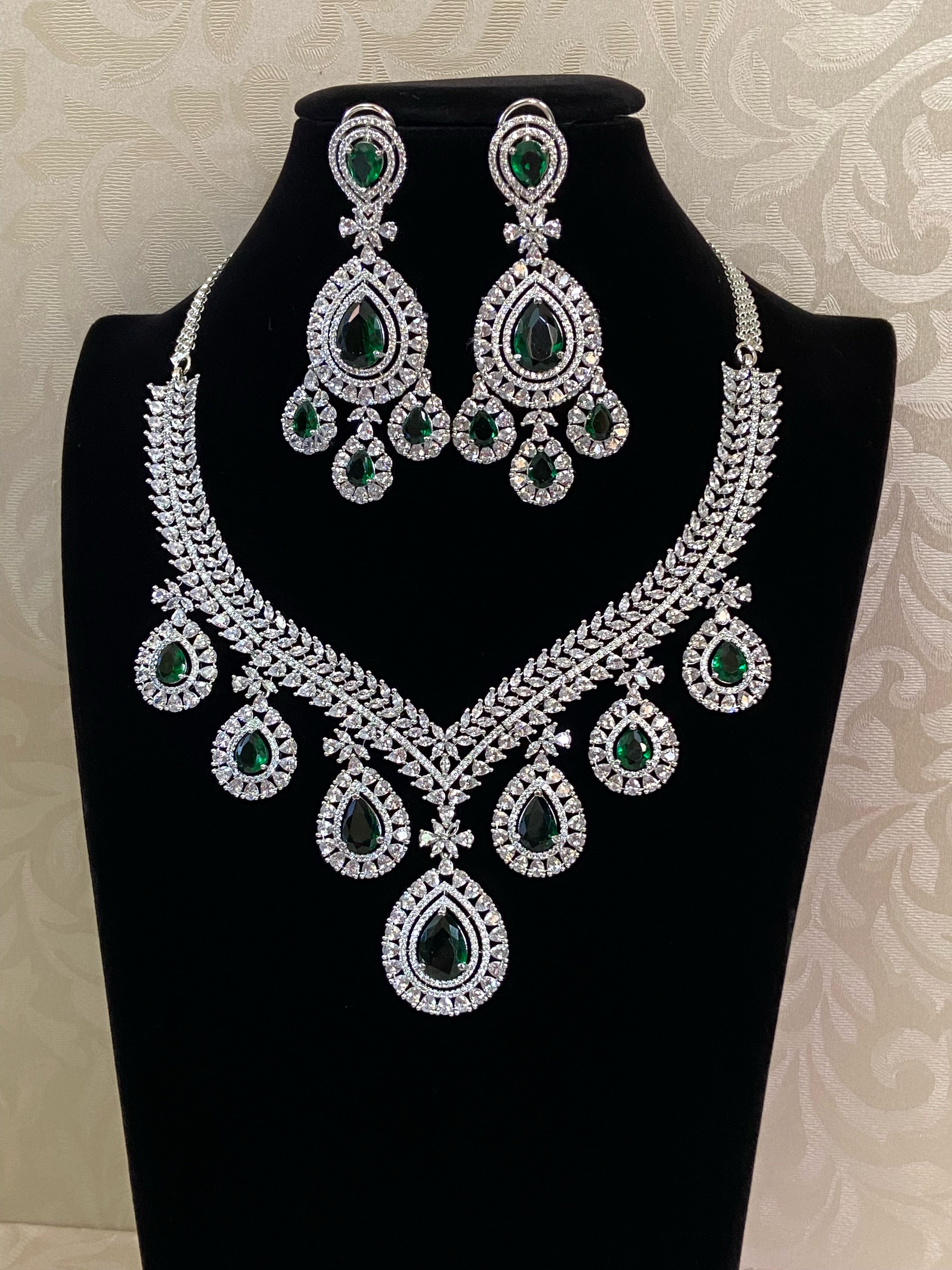 INSTYLE DIVA'S Sparkling Nakshatra Emerald cz jewelry set, bridal necklace selling n earring set cz bridal necklace set,American Diamond jewelry