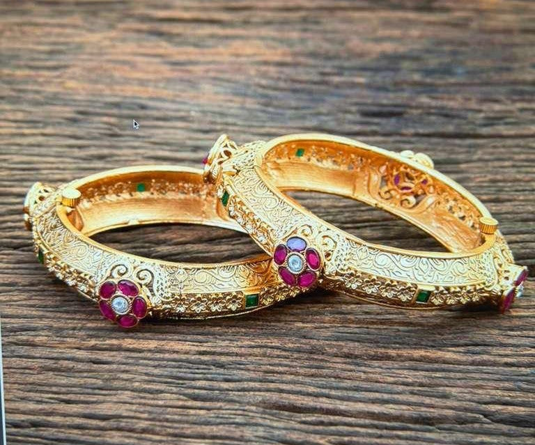 Antique Ruby Embozed Flower Bangles | Openable Traditional Bangles
