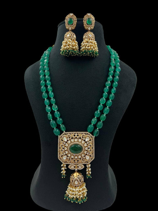 Polki Pendant Green Beads Necklace With Jumkis | Indian jewelry