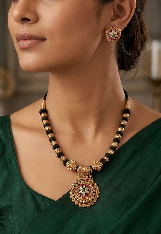 Antique Pendant Thread Necklace With Studs | Handmade Necklace | Mangalasutra