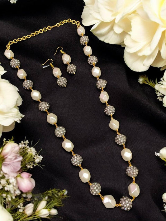 Baroque Pearl & CZ Ball Long Necklace Set | Designer Statement Necklace with Earrings | Indian Jewelry In USA