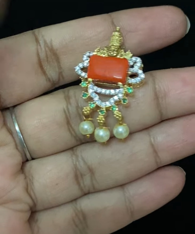 AD Coral Balaji Pendant | Indian Traditional Pendant With earrings | Gift Idea