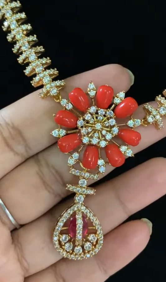 Coral Pendant AD Necklace Set | Indian Jewelry In USA | Gift Idea