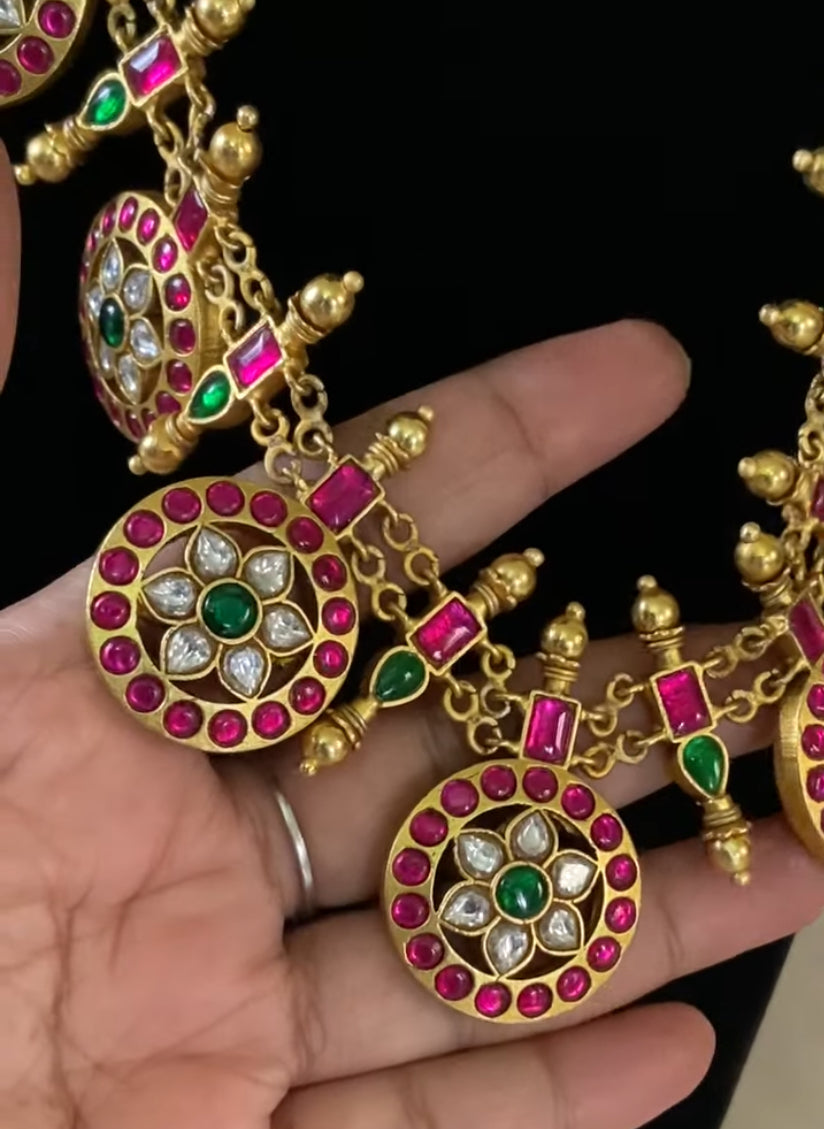 Long Jadau Kundan Bottu Mala Necklace Set | Traditional Vaddanam | Multi Purpose Necklace
