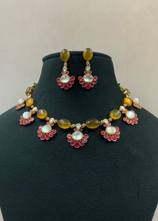 Natural stones Fusion Necklace with Earrings | Indian Designer Necklace