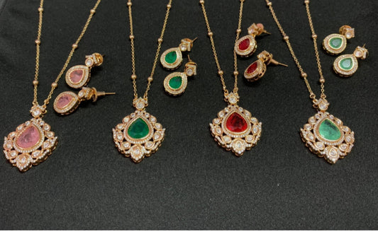 Polki Kundan Pendant  Simple Chain Set | Indian Necklace