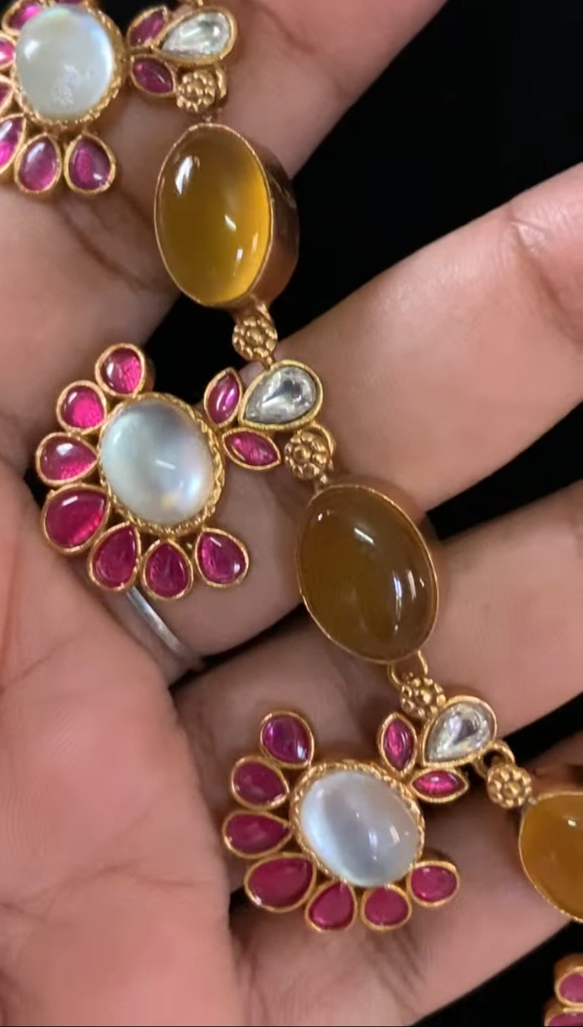 Natural stones Fusion Necklace with Earrings | Indian Designer Necklace