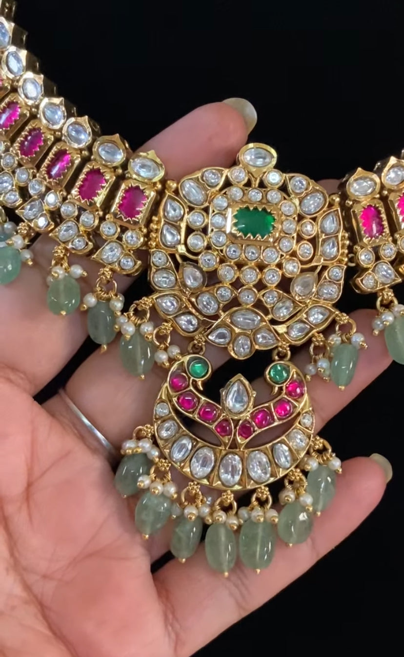 Ruby Green Polki Kundan Necklace Set with Maang Tikka | Traditional Bridal Necklace