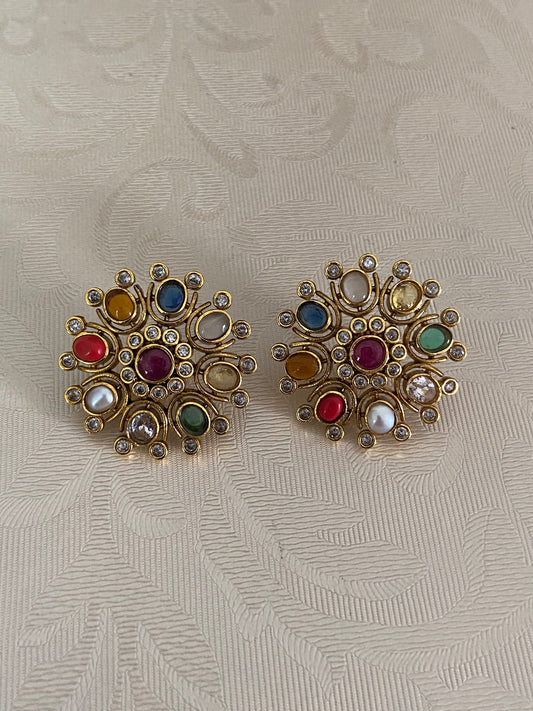Beautiful CZ Navarathna Studs | Indian Traditional Jewelry