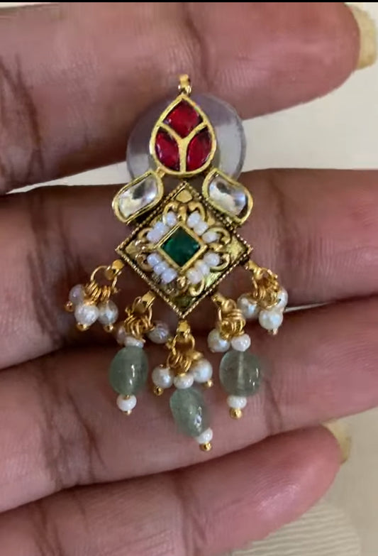 Kundan Pendant Gold & pearl Beads Chain With Earrings | Simple Necklace