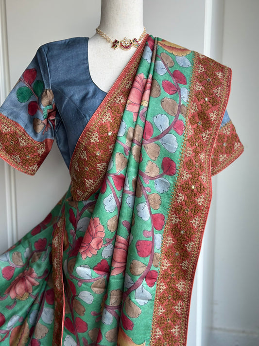 Pure Tussar Kalamkari Kutch Work Hand Embroidery Saree | Premium Quality Exclusive Saree