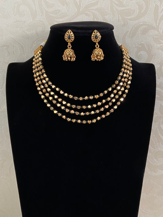 Gold & Black Beads Necklace With Jumki | Indian Jewelry In USA