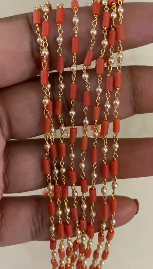 Antique Coral Pearl 4 line Mala Set | South indian Traditional Jewelry