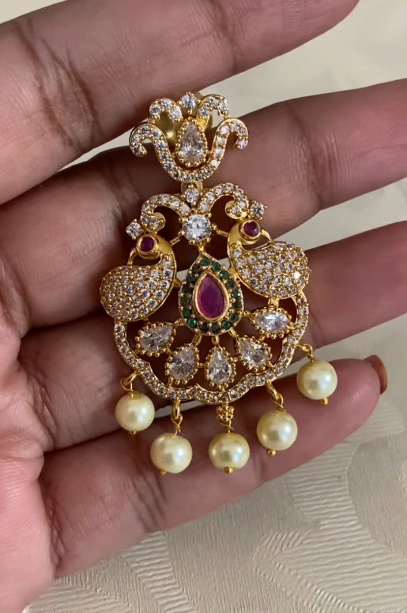 CZ Pendant long Black Beads Necklace With Earrings | Traditional Mangalasutra