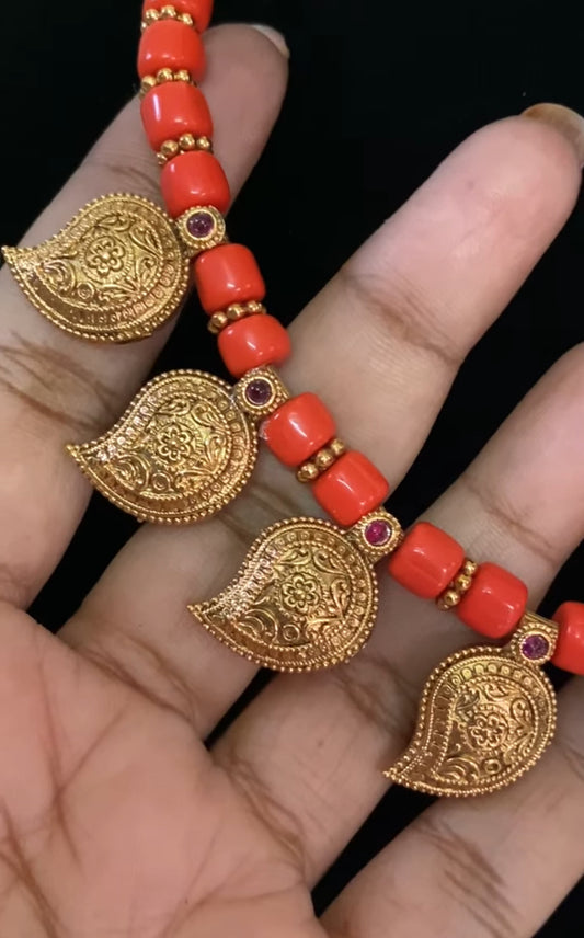 Antique Mango Pendants Coral Necklace With Earrings | Indian Beads Necklace