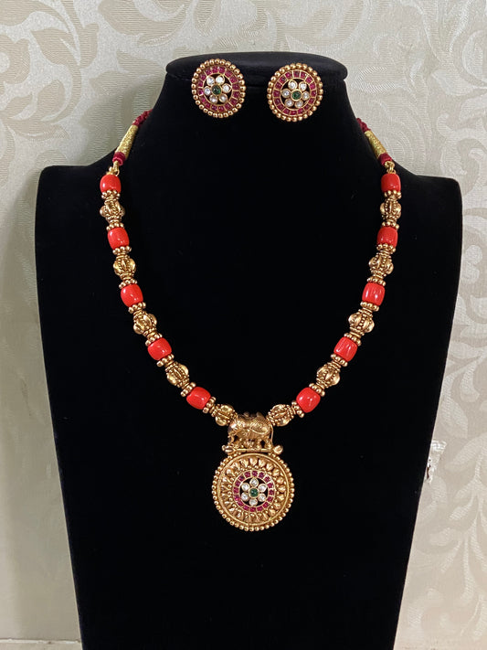 Coral Nakshi Beads Necklace With Studs | Traditional Jewelry In USA