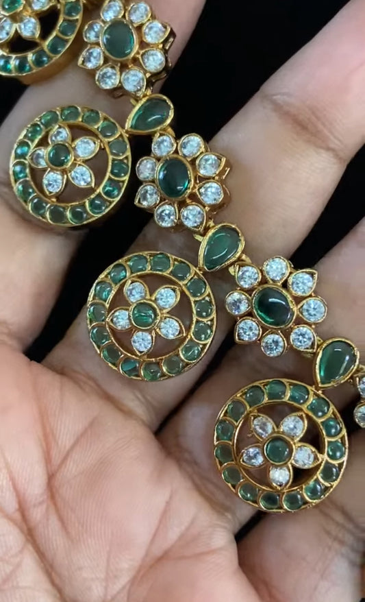 CZ Kemp Antique Necklace With Earrings | Indian Traditional Bottu Necklace