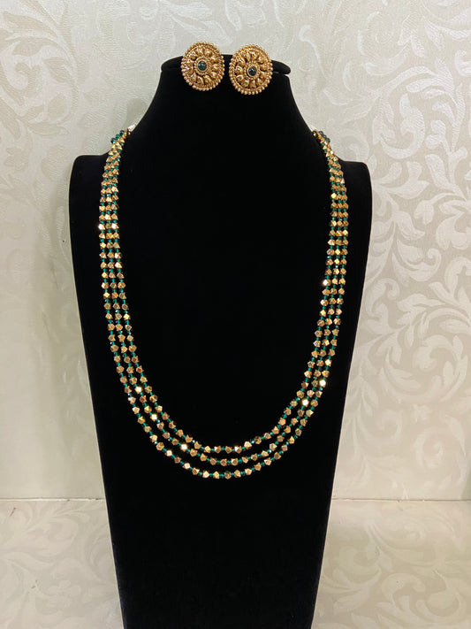 Golden & Green Beads Necklace With Studs | 3 layears Necklace