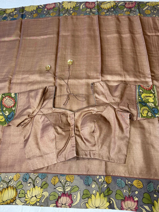 Pure Tussar Kalamkari Printed Attached Border Saree | Partywear Saree | Sarees in USA