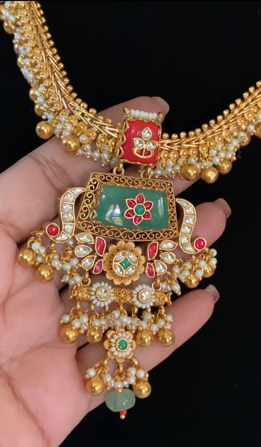 Ahamadabadi Semi Precious Kundan Necklace Set | Handmade Indian Jewellery
