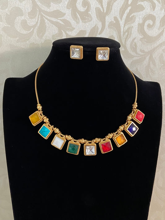 Navratan Antique Necklace With Studs | Indian Jewelry | Gift Idea