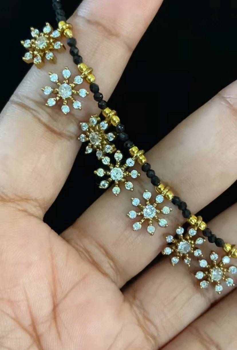 16” length AD Flower Pendants Mangalasutra | Traditional Black Beads Necklace