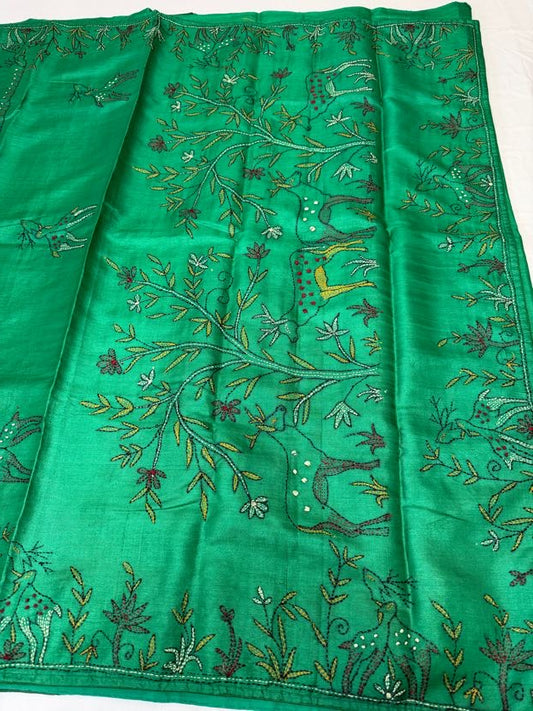 Premium Tussar kantha Work Saree | Party wear saree | Hand Embroidery Sarees in USA