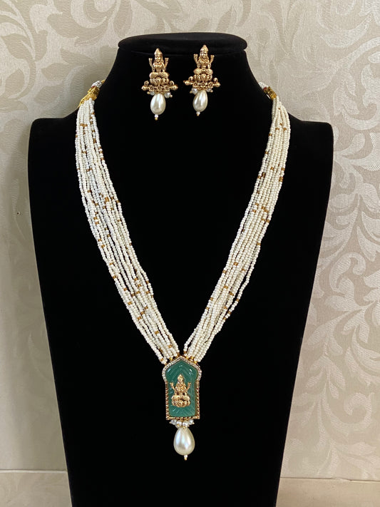 Carved stone Lakshmi Pendant Pearl Necklace | Indian Jewellery