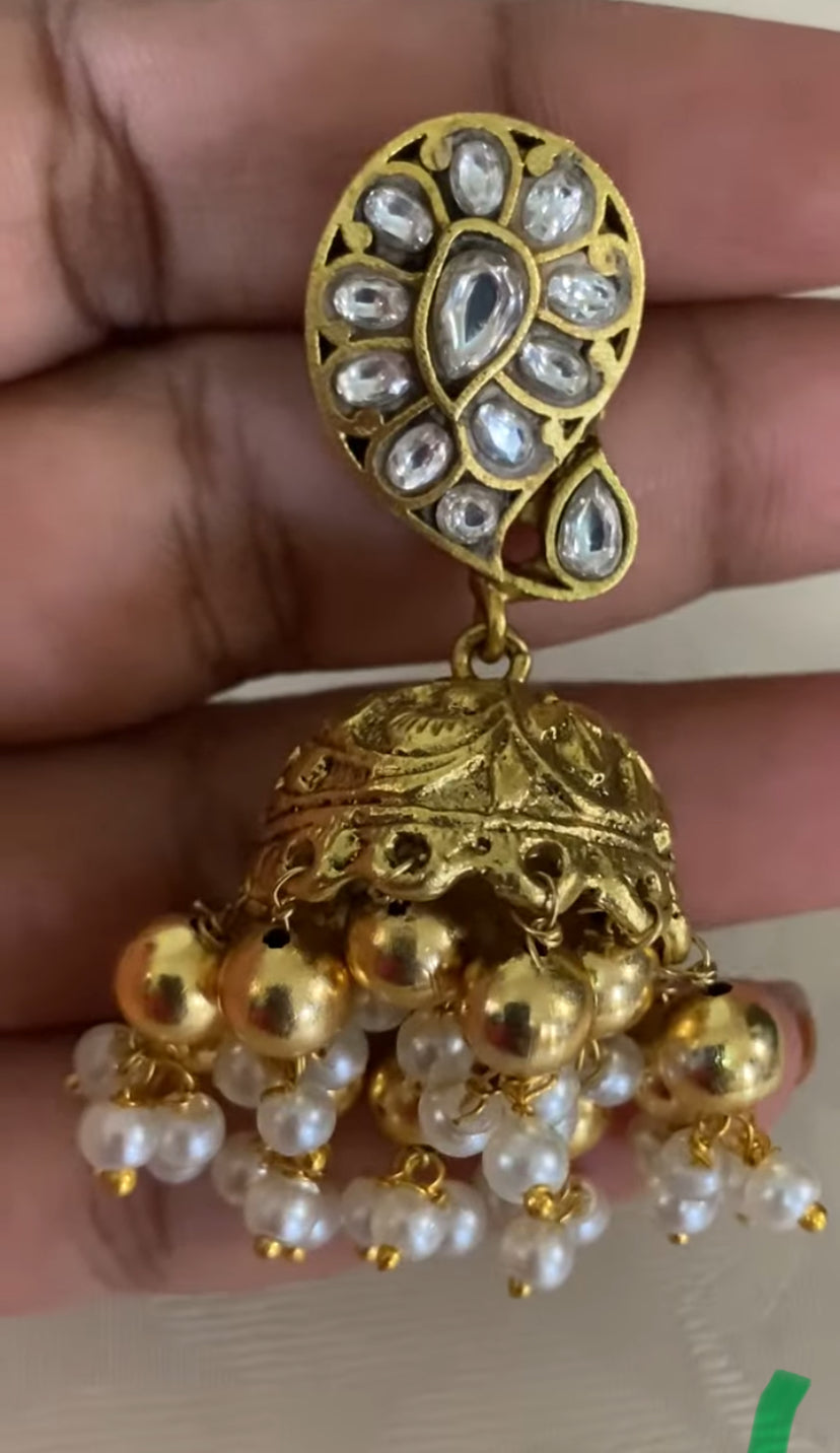 Gold polish jadau kundan long necklace With Jumkis | Indian Bridal Long Necklace