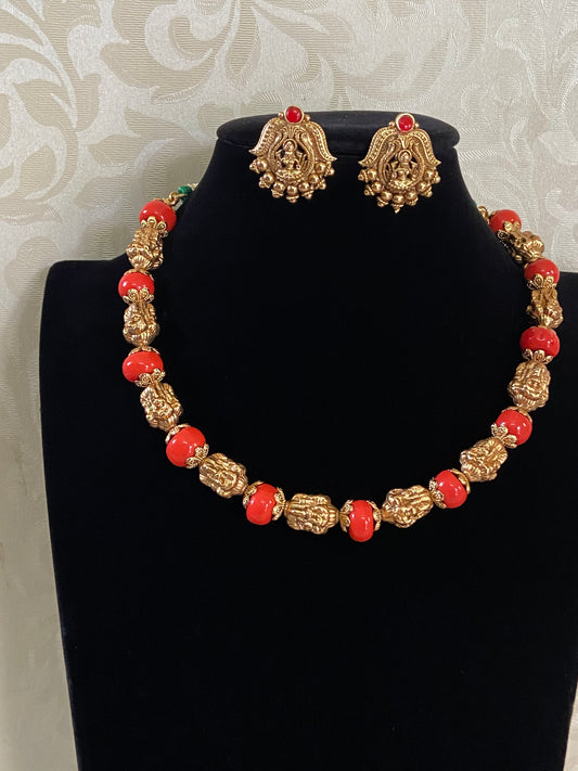 Coral Temple Lakshmi Beads Mala with Studs | Traditional Jewelry