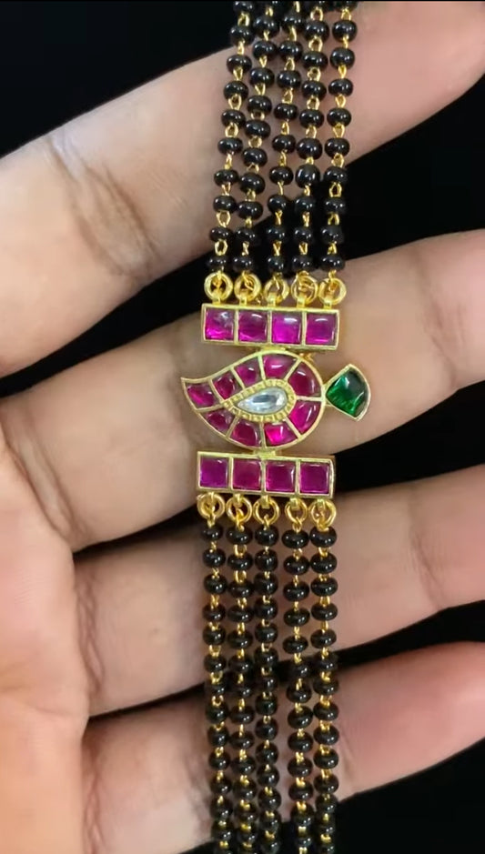 Jadau Kundan Pendant long Black Beads Necklace Set | Traditional Mangalasutra