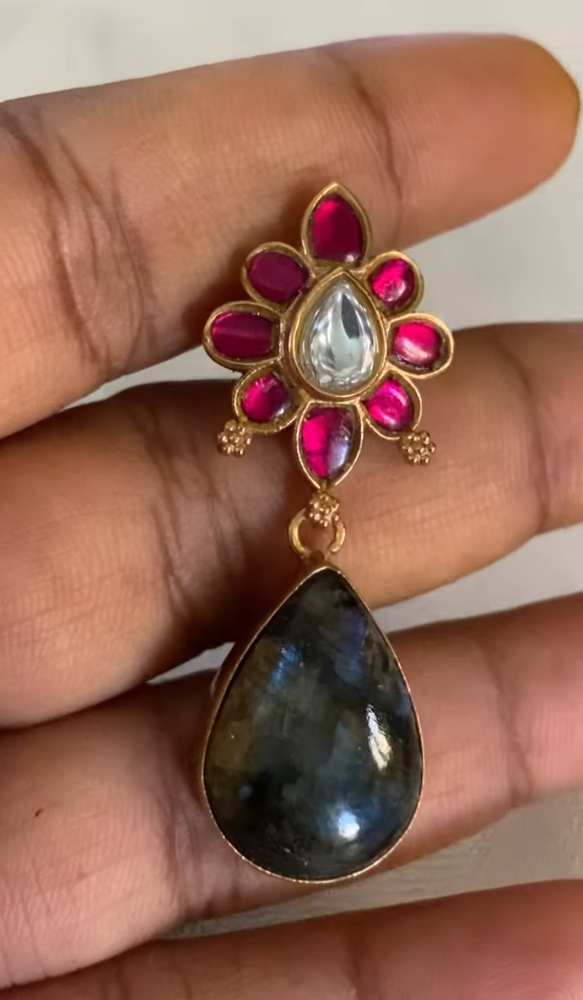 Jadau Pendant Natural Stones Fusion Necklace Set | Indian Necklace | Gift idea