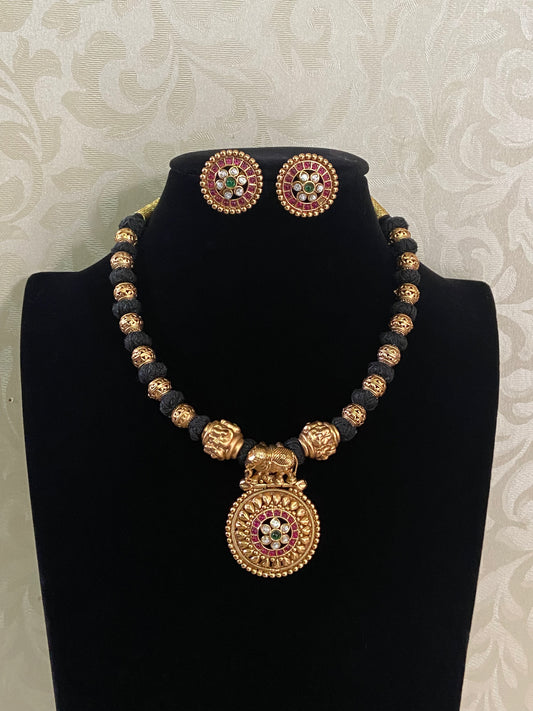 Antique Pendant Thread Necklace With Studs | Handmade Necklace | Mangalasutra