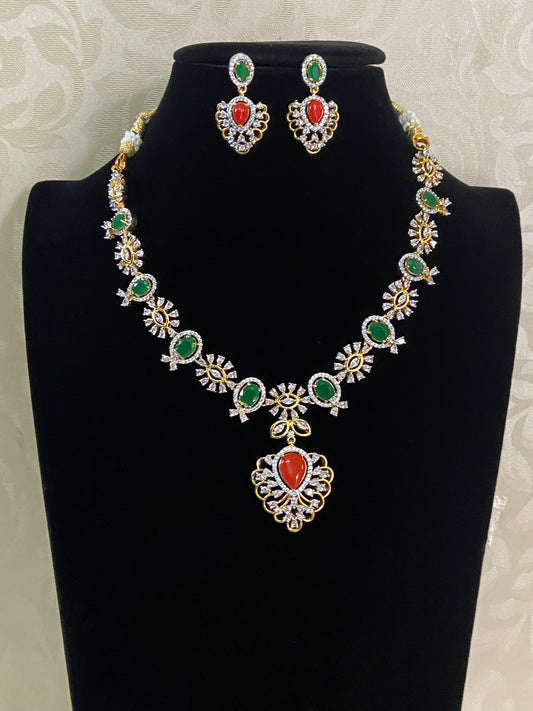 AD Coral & Emerald Necklace With Earrings | Indian Necklace