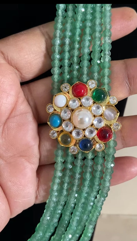 Navaratan Side Pendant Beads Mala With Studs | Indian Jewelry In USA