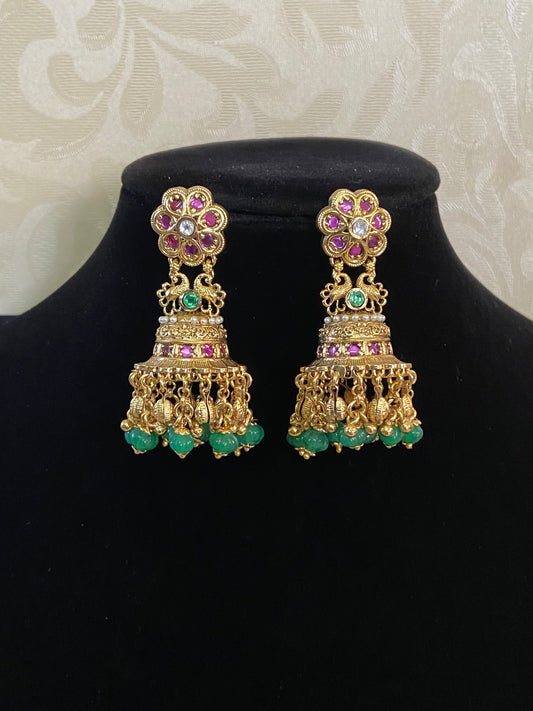 Antique Ruby Green Jumki Earrings | Indian Traditional Jewelry