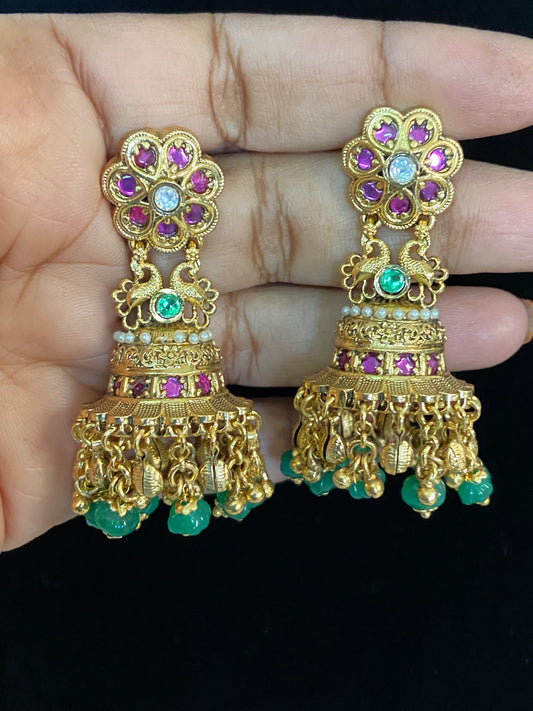 Antique Ruby Green Jumki Earrings | Indian Traditional Jewelry