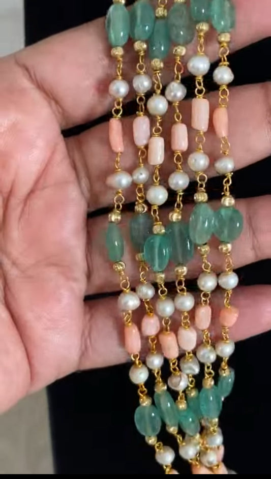 Premium quality Coral Pearl Onyx Green Beads Mala Necklace | Indian Jewelry In USA