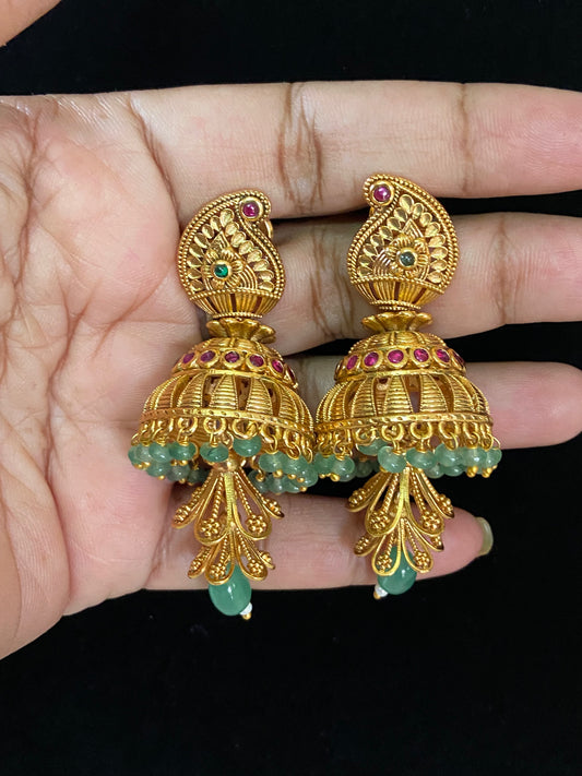Antique Ruby Green Jumkis | Traditional Buttalu Earrings