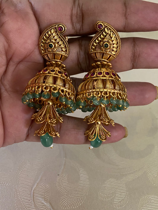 Antique Ruby Green Jumkis | Traditional Buttalu Earrings