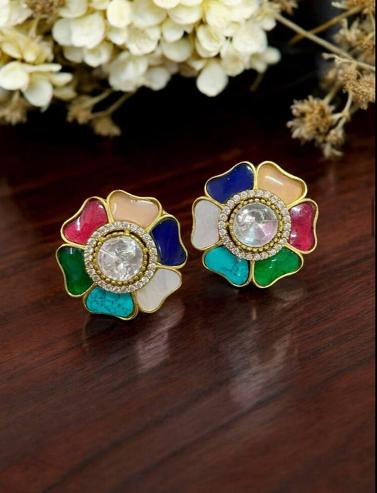 MultiColor Kundan Flower Studs | Latest Indian Jewelry