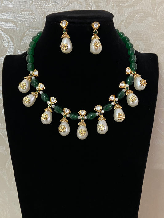 Green Beads Pearl Drop Kundan Necklace Set | Indian jewelry In USA