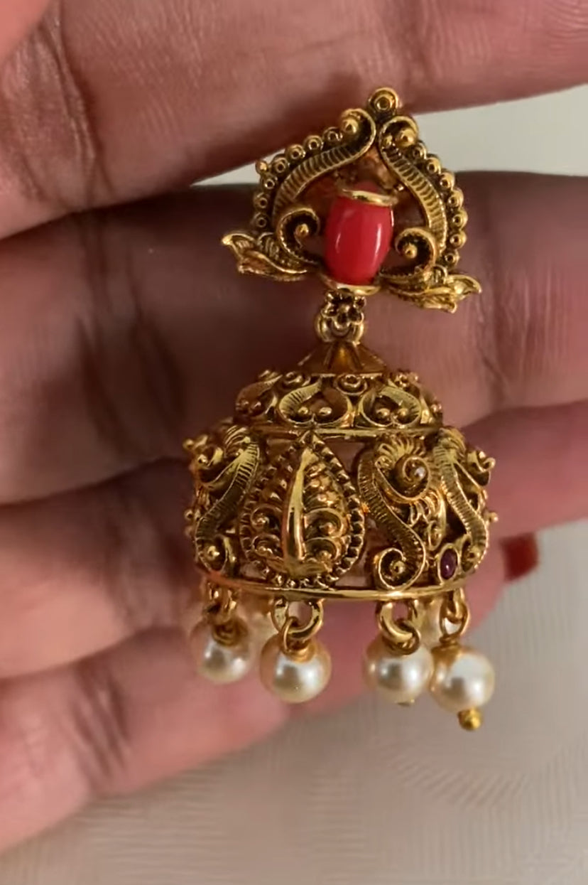 Antique Coral Doubel Layer Necklace With Jumkis | Indian Jewelry In USA