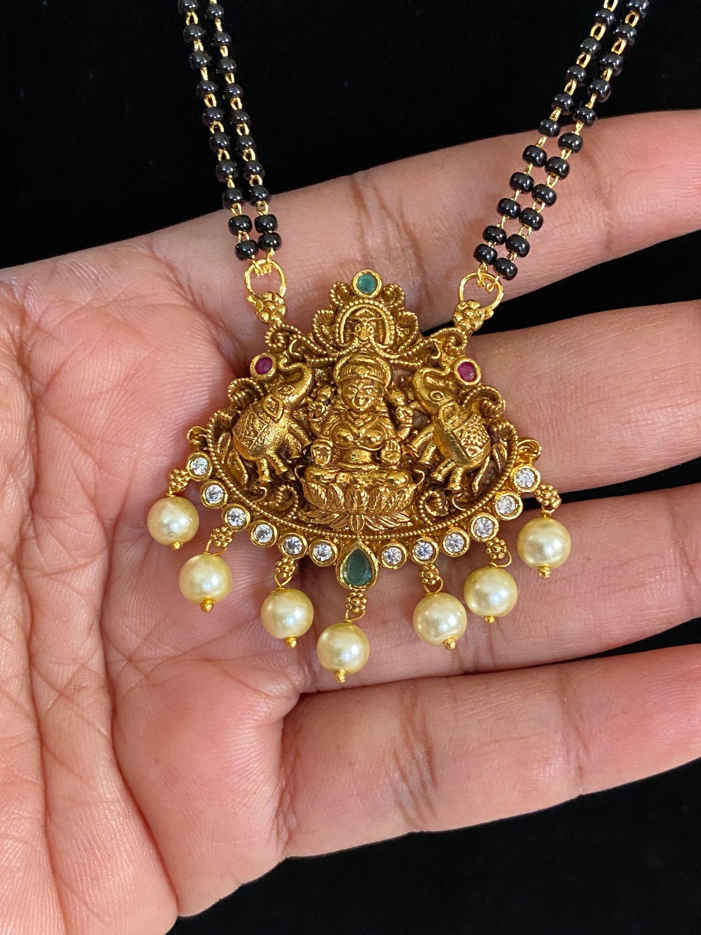 Antique Lakshmi Pendant Mangalasutra | Traditional Temple Black Beds Necklace