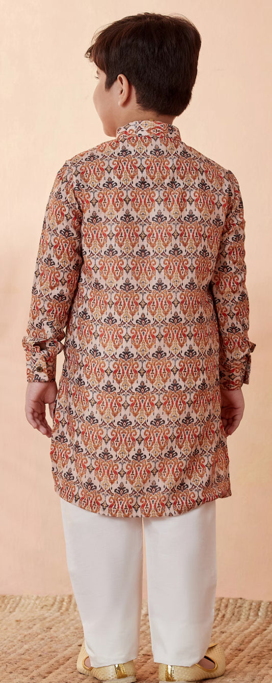 Boys Orange Printed Kurta Set