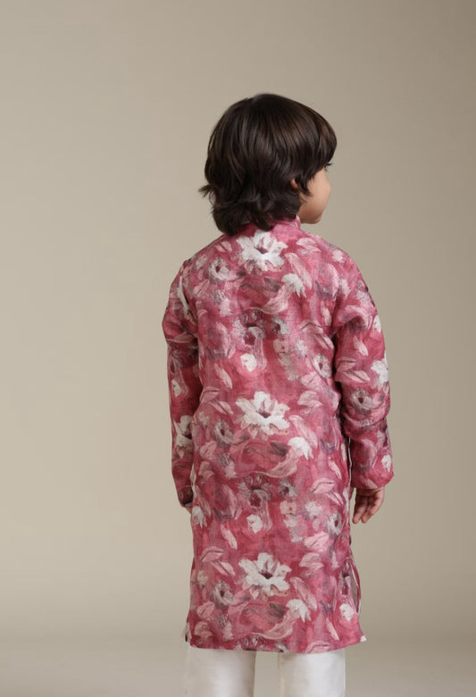 Boys Coral Pink Floral Patterned Kurta Set