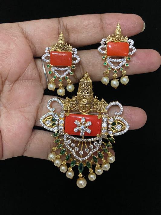 AD Coral Balaji Pendant |  Indian Traditional Pendant With earrings | Gift Idea