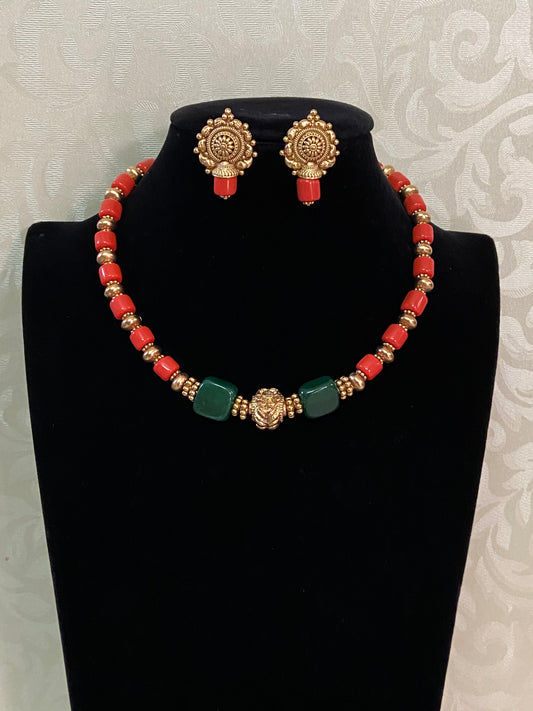 Coral Mala Necklace With Earrings | Handmade jewelry